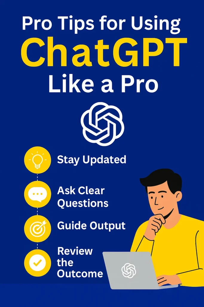 ChatGPT 2025 – Complete Beginner to Pro Guide for Content Creators Infographic showing expert tips to use ChatGPT like a pro, featuring icons of prompts, integrations, and productivity tools.