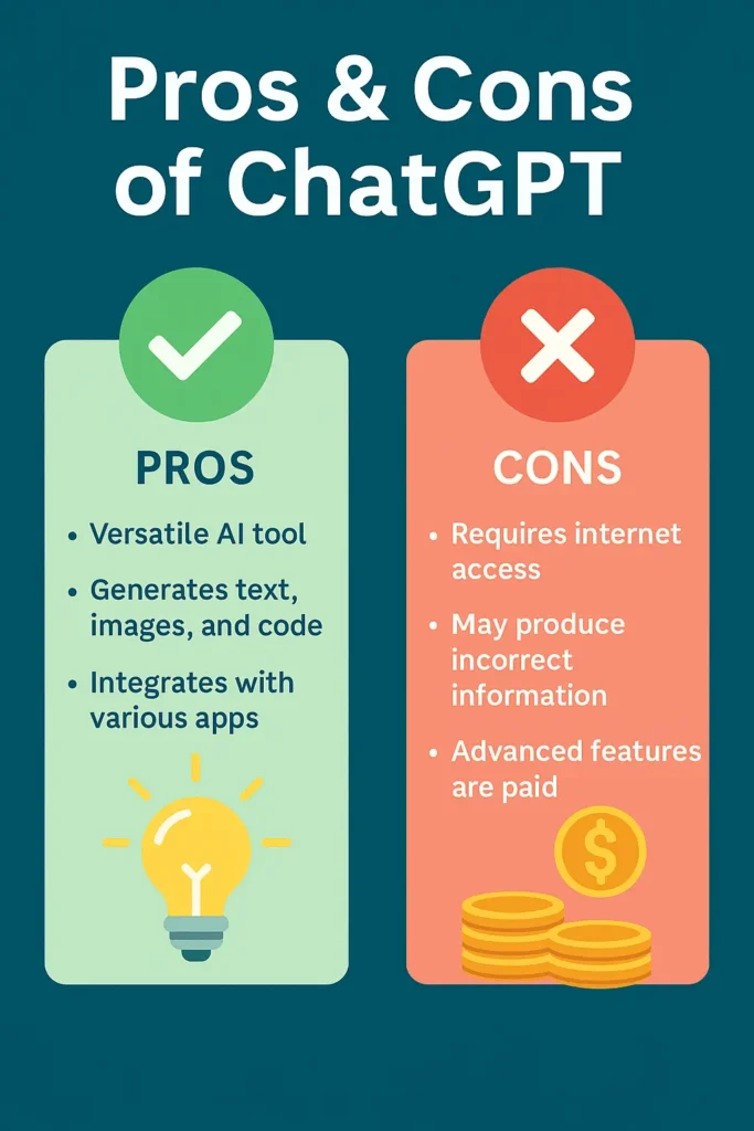 ChatGPT 2025 – Complete Beginner to Pro Guide for Content Creators Infographic comparing the pros and cons of ChatGPT in 2025 with icons and bullet points for each.