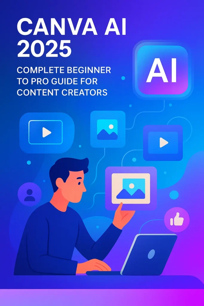 Illustration showcasing Canva AI 2025 features for beginners and content creators in a modern digital design style.