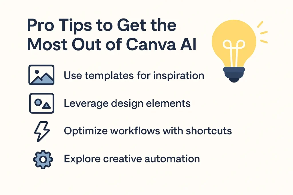 Infographic illustration highlighting pro tips for using Canva AI in 2025 with icons of design tools, creativity, and productivity hacks.