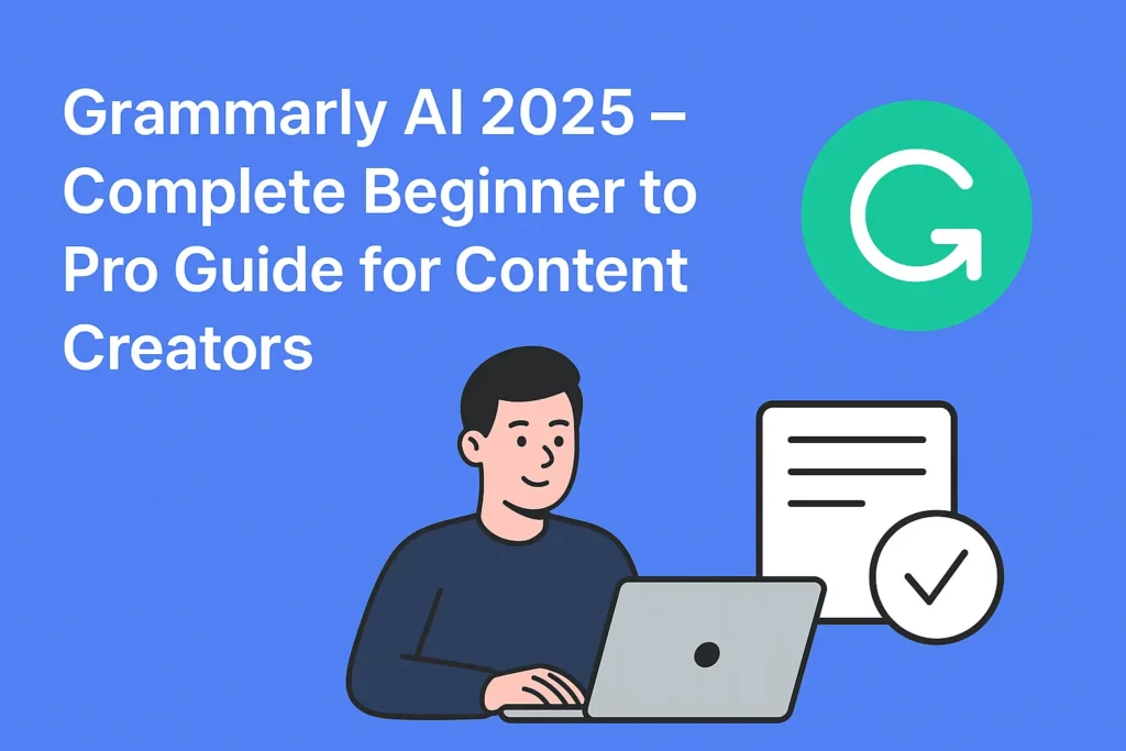 Grammarly AI 2025 – Complete Beginner to Pro Guide for Content Creators Illustration showing Grammarly AI 2025 beginner to pro guide for content creators with laptop and Grammarly logo.