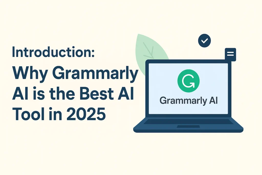 Grammarly AI 2025 – Complete Beginner to Pro Guide for Content Creators Laptop illustration with Grammarly AI logo highlighting why Grammarly AI is the best AI tool in 2025.