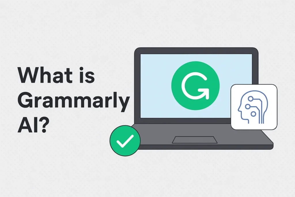 Grammarly AI 2025 – Complete Beginner to Pro Guide for Content Creators Laptop illustration with Grammarly logo and AI icon representing what Grammarly AI is in 2025.