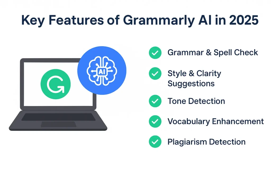 Grammarly AI 2025 – Complete Beginner to Pro Guide for Content Creators Infographic-style illustration showing key features of Grammarly AI in 2025 such as grammar correction, tone detection, vocabulary improvement, and plagiarism checking.