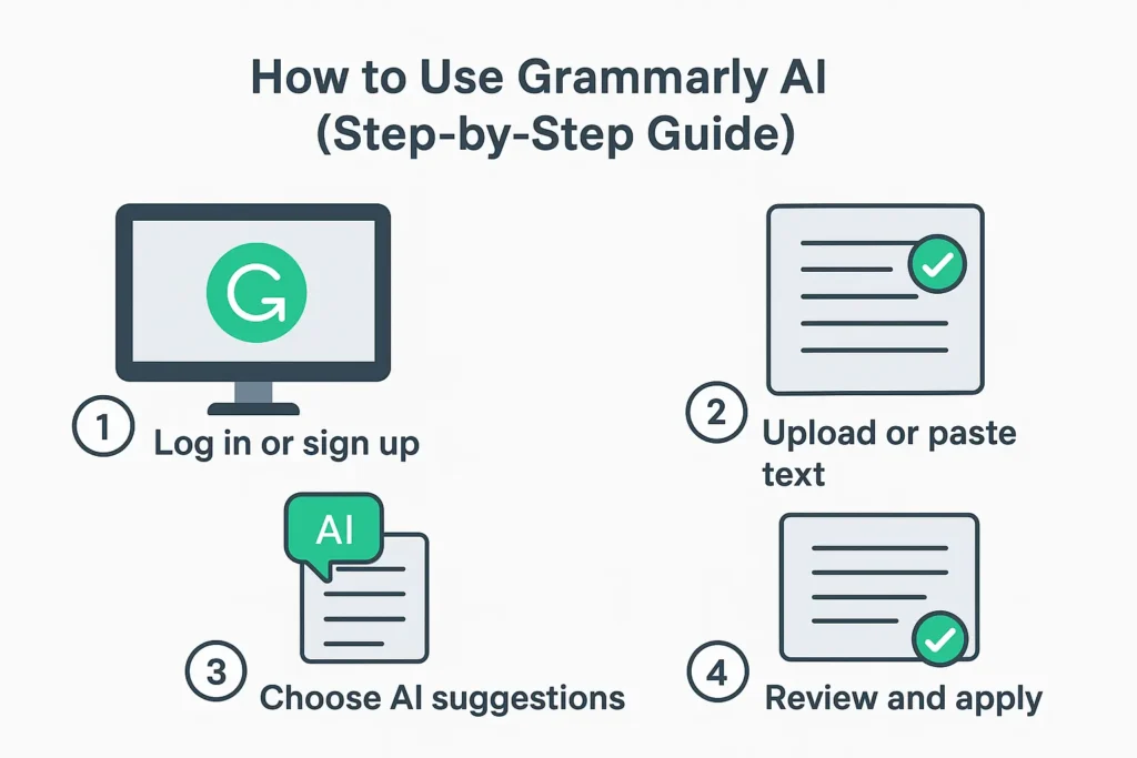 Grammarly AI 2025 – Complete Beginner to Pro Guide for Content Creators Step-by-step infographic showing how to use Grammarly AI in 2025, from signing up to applying AI writing suggestions.