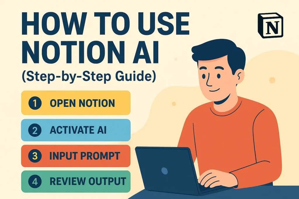 Infographic illustration of a man working on a laptop with floating numbered steps showing how to use Notion AI in 2025 – including sign up, workspace setup, AI commands, and templates.