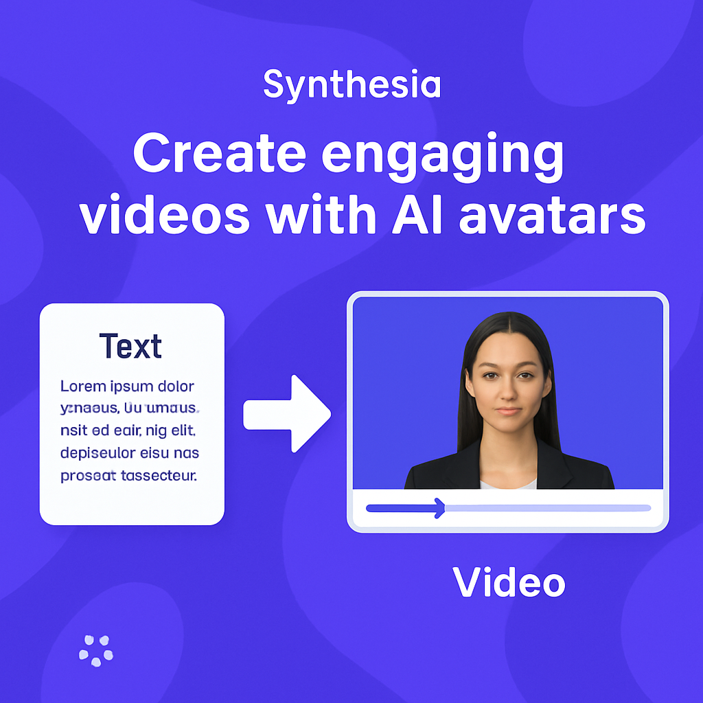 Top AI Video Generators in 2025 for Content Creators chatgpt Illustration of Synthesia AI video generator with avatar and video elements in a creative design