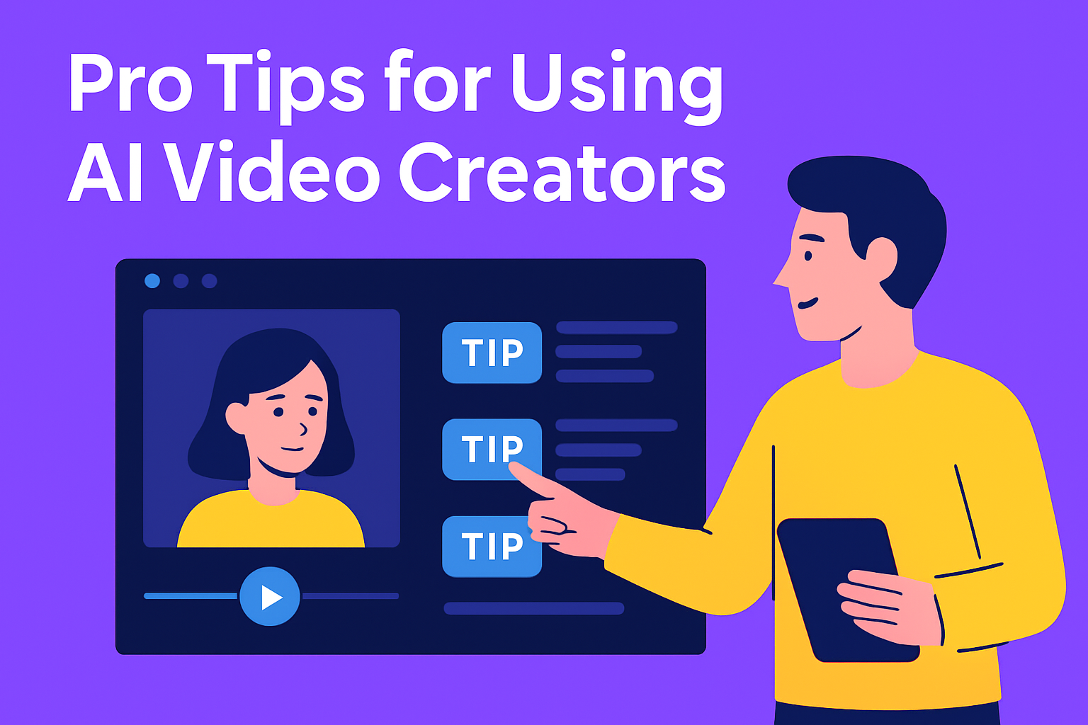 Top AI Video Generators in 2025 for Content Creators Infographic showing pro tips for effectively using AI video creation tools like script clarity, strong visuals, and platform optimization.