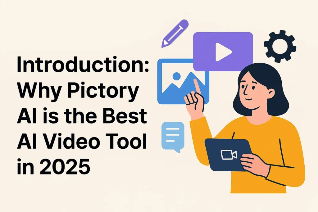 Illustration of a laptop with video editing interface and AI elements, symbolizing why Pictory AI is the top AI-powered video tool in 2025.