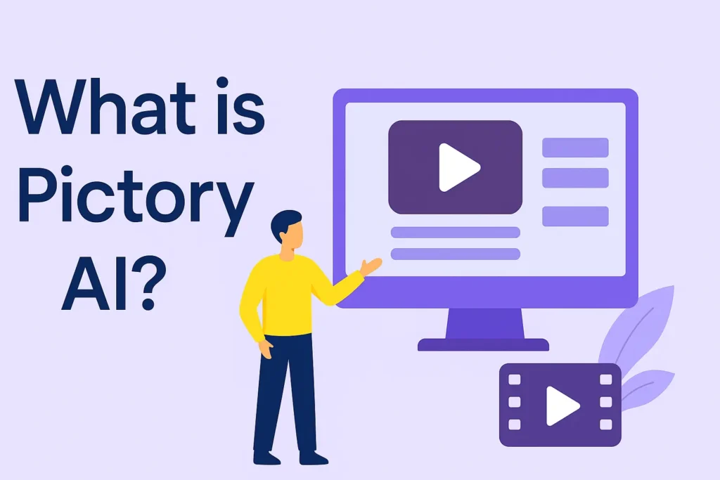 Illustration of a person with laptop, AI icons, and film strips with a question mark, symbolizing the concept of Pictory AI in 2025.