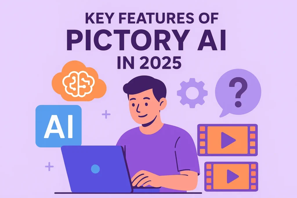 Infographic illustration highlighting key features of Pictory AI in 2025 like text-to-video, subtitle generation, video summarizer, stock media, and branding options.