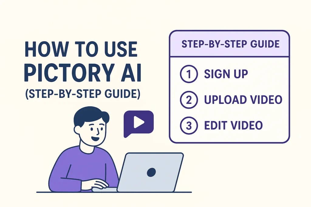 Step-by-step infographic showing a person using Pictory AI on a laptop to upload text, convert into video, add subtitles, customize media, and export the final video.