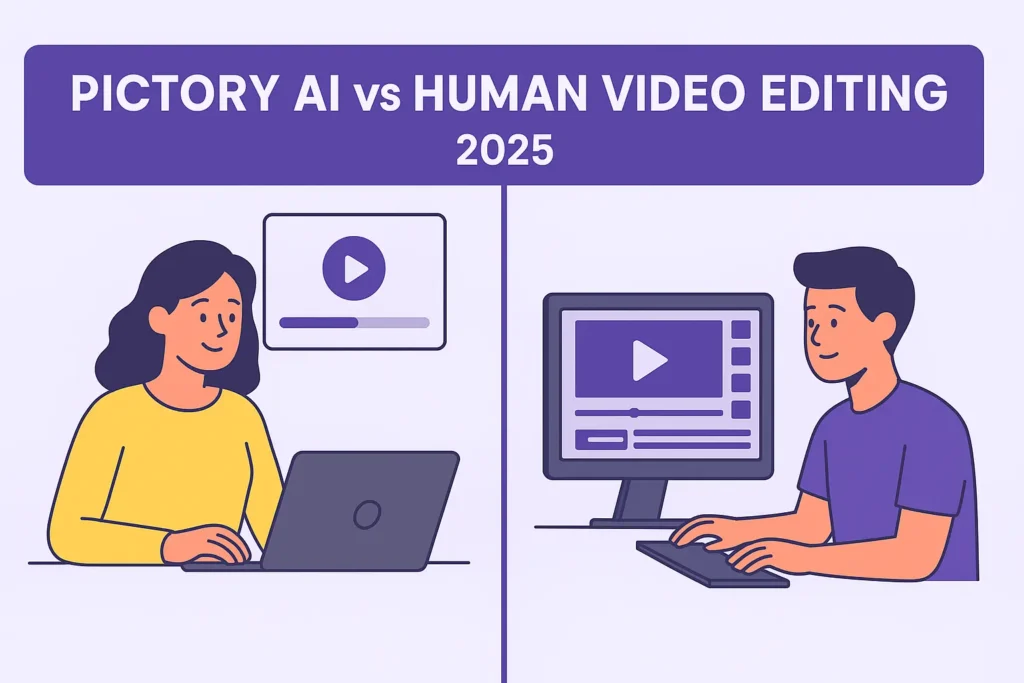 Infographic comparing Pictory AI and human video editing in 2025 with icons for automation, speed, affordability, creativity, personal touch, and customization.