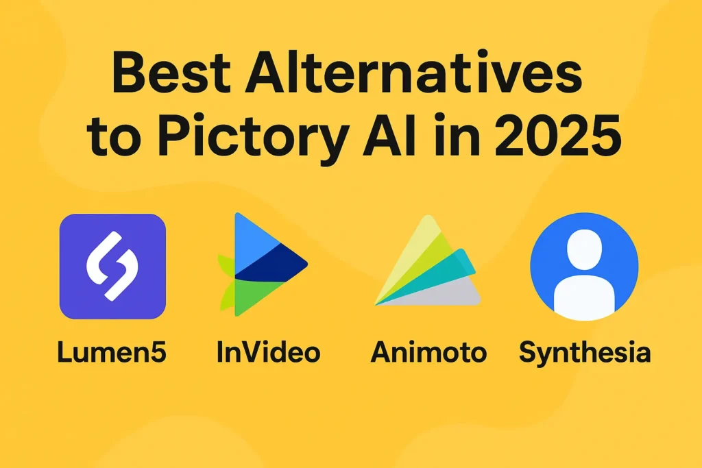 Infographic showing the best alternatives to Pictory AI in 2025, featuring AI video tools like Synthesia, Lumen5, InVideo, Descript, and Veed.io.