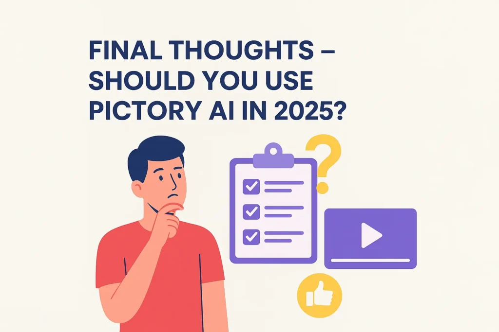 Final thoughts illustration of a content creator at a desk with laptop and AI video editing icons, symbolizing the decision to use Pictory AI in 2025.