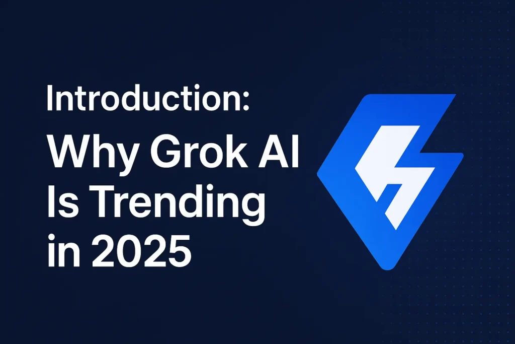 Futuristic digital illustration of Grok AI trending in 2025 with charts, glowing data, and abstract AI icons.