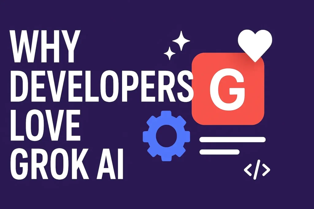 Infographic showing reasons developers love Grok AI in 2025, including faster coding, advanced AI features, and improved developer experience.