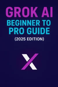 Promotional graphic for Grok AI Beginner to Pro Guide 2025, highlighting AI-powered coding tools in a futuristic design with bold colors.