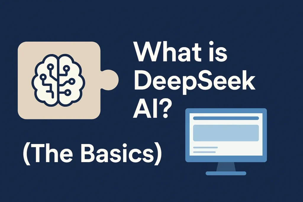 Infographic explaining the basics of DeepSeek AI, showing its purpose and features for beginners in 2025.