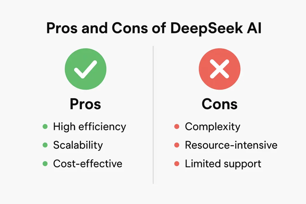 Pros and cons of DeepSeek AI 2025 in a simple infographic.