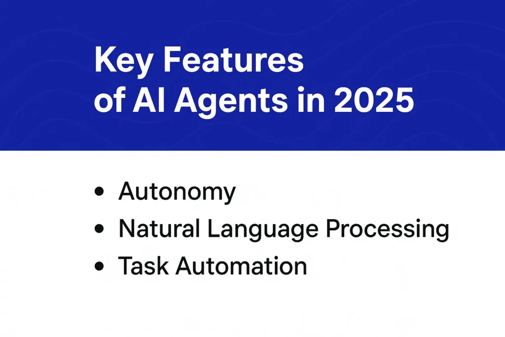 Infographic showing the key features of AI Agents in 2025 with Devin, AutoGPT, and CrewAI.