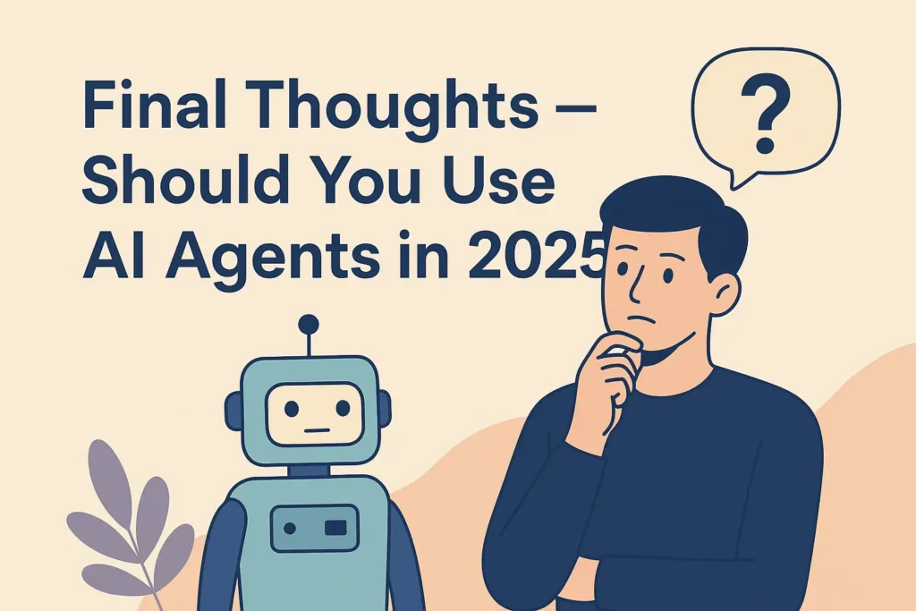 Flat-style illustration representing final thoughts on using AI agents in 2025 with a futuristic theme.