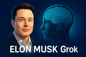 Illustration of Elon Musk with Grok AI concept showing futuristic coding and AI brain design, representing the launch of Grok-Code-Fast-1 in 2025.