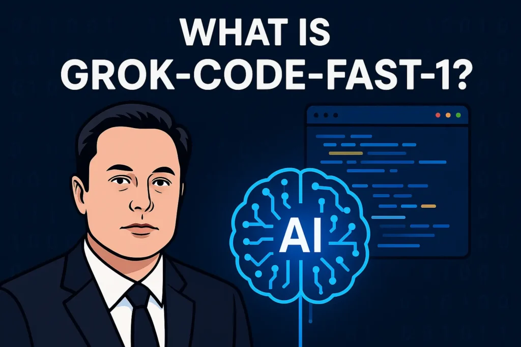 Elon Musk’s Grok-Code-Fast-1 AI: What It Is, Who Made It & Its Game-Changing Features Illustration of a robotic AI assistant typing code on a laptop with neural network and coding icons, symbolizing the basics of Grok-Code-Fast-1.