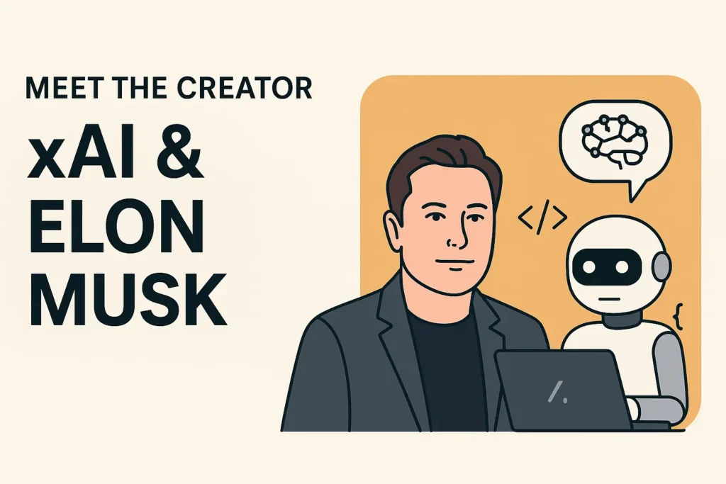 Elon Musk’s Grok-Code-Fast-1 AI: What It Is, Who Made It & Its Game-Changing Features Illustration of xAI as the creator of Grok-Code-Fast-1 with AI symbols, coding icons, and futuristic design representing the company’s innovation in AI coding.