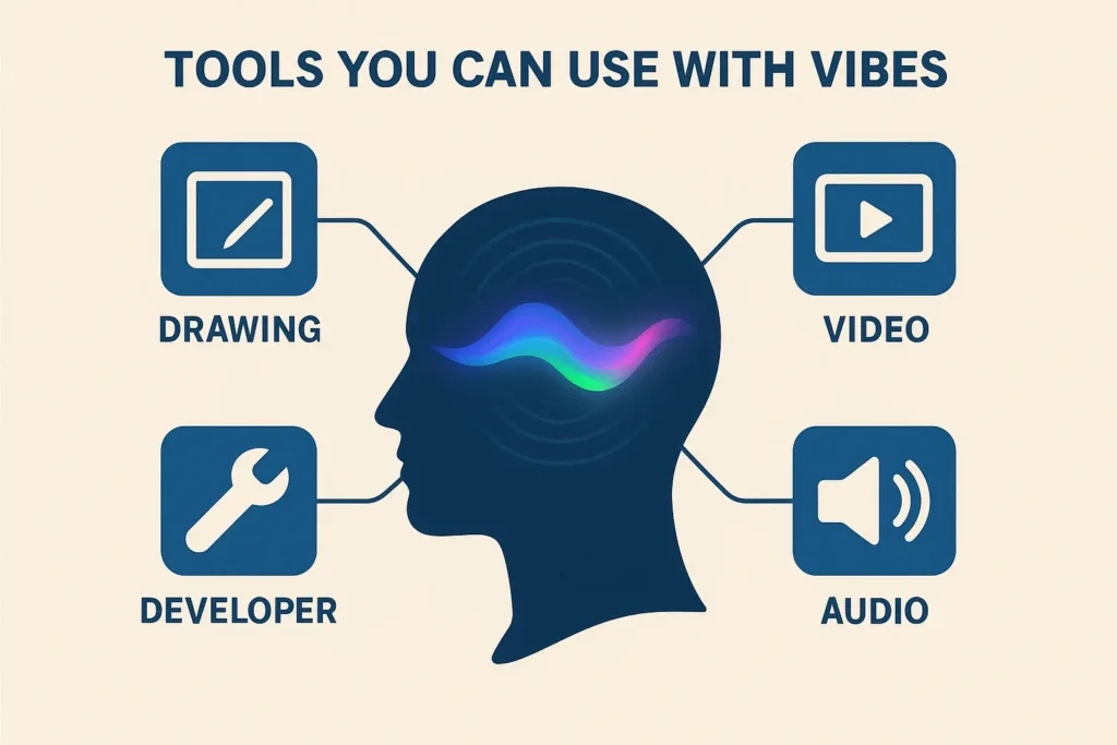 Meta’s Vibes AI Video Feed 2025 – Complete Beginner to Pro Guide Illustration of a human head silhouette with glowing waves, linked to icons for drawing, video, developer, and audio tools.