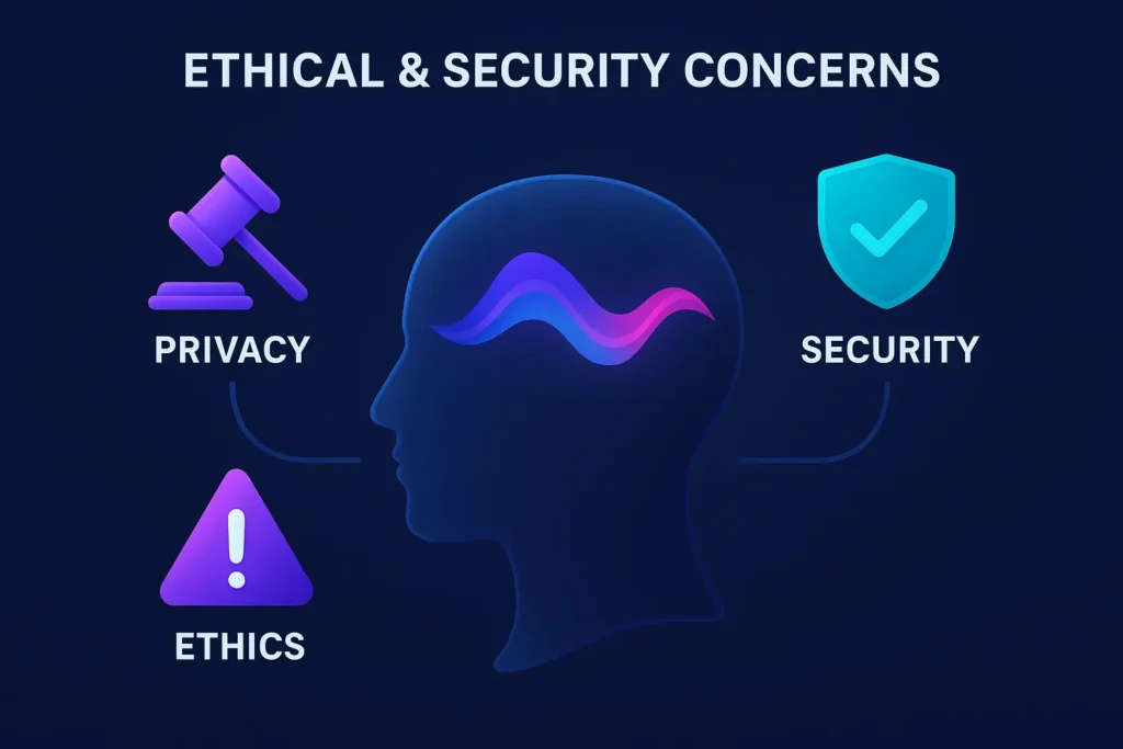 Meta’s Vibes AI Video Feed 2025 – Complete Beginner to Pro Guide Illustration of a human head silhouette with glowing waves, connected to icons for privacy, security, and ethics concerns.