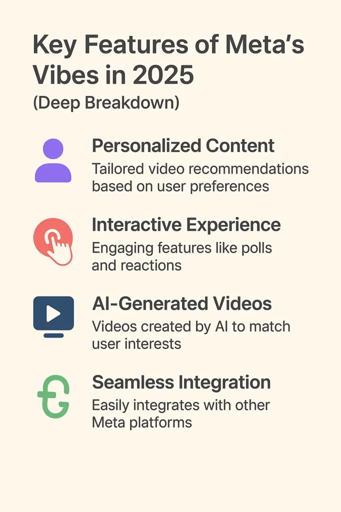 Meta’s Vibes AI Video Feed 2025 – Complete Beginner to Pro Guide Infographic showcasing the key features of Meta’s Vibes AI Video Feed 2025 including personalization, AI curation, and interactive tools.