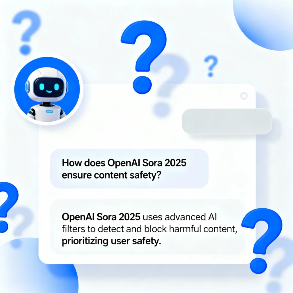 OpenAI Sora 2025 – Complete Beginner to Pro Guide AI chat interface with question marks illustrating frequently asked questions about OpenAI Sora 2025