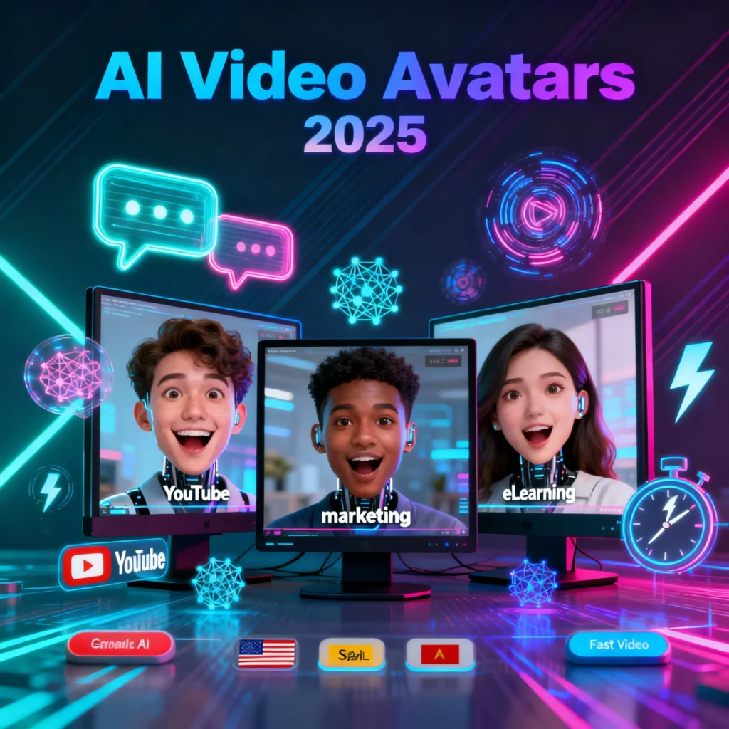 [Futuristic digital scene showcasing realistic AI video avatars presenting on screens with icons representing translate:content creation﻿, accessibility﻿, and global reach﻿. The background features holographic text-to-speech and AI technology symbols, with the bold text 