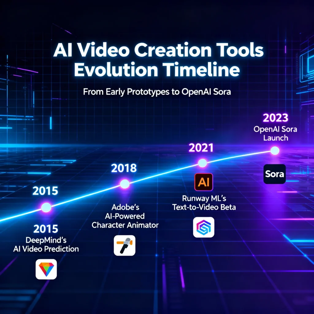 OpenAI Sora 2025 – Complete Beginner to Pro Guide Timeline graphic showing milestones in AI video creation technologies leading to OpenAI Sora development