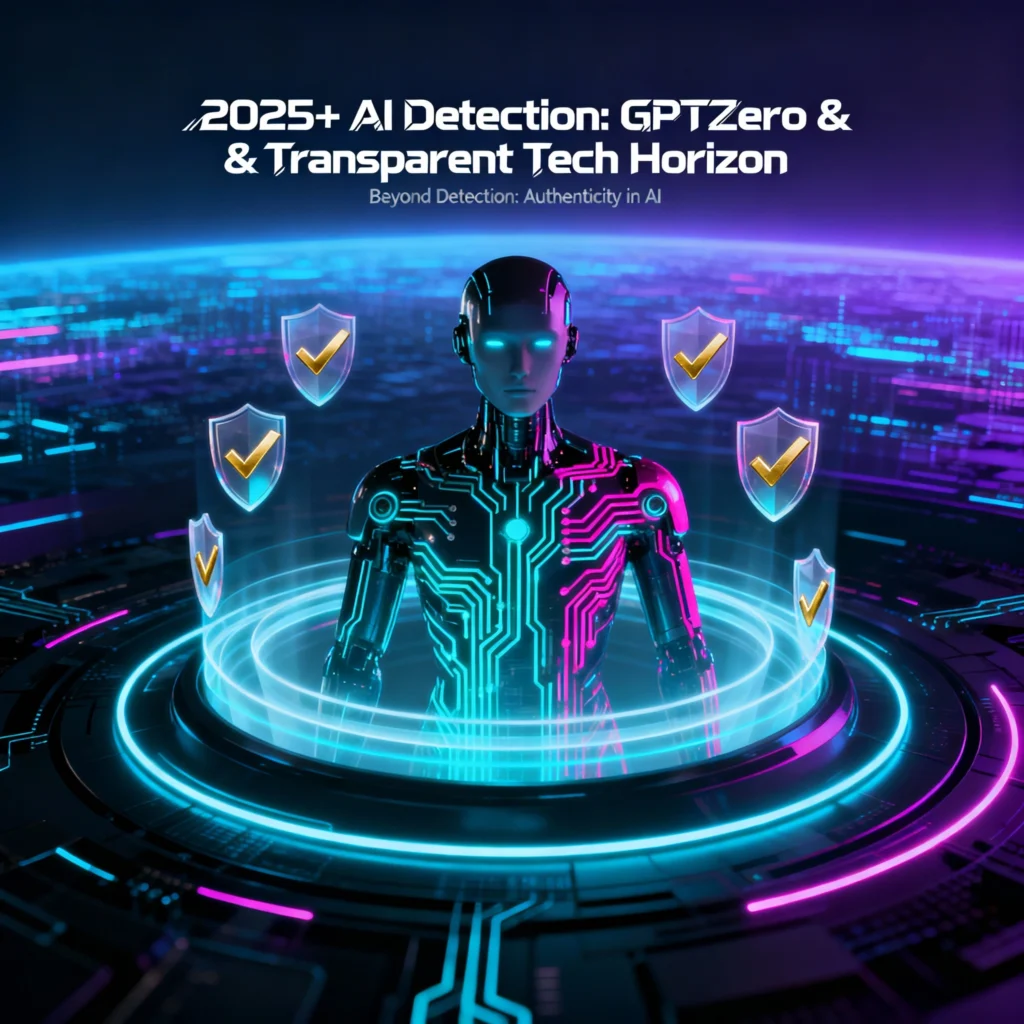 Futuristic digital art showing GPTZero and AI detection evolving with glowing circuits and digital horizon representing transparency and authenticity