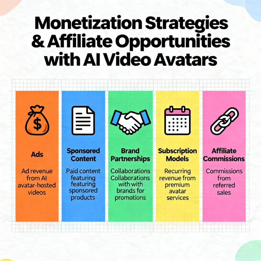 Infographic showing various monetization strategies and affiliate opportunities for AI video avatars including YouTube automation, affiliate marketing, course creation, corporate service offerings, and brand influencing with related icons.﻿
