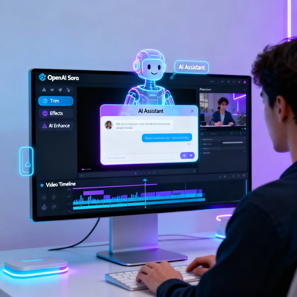 OpenAI Sora 2025 – Complete Beginner to Pro Guide Futuristic UI showing OpenAI Sora AI video editing tool assisting content creators with editing workflow