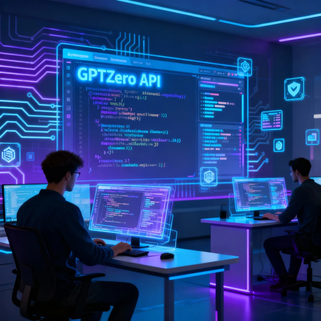 Developers coding with GPTZero API interface on screen in a futuristic development setup