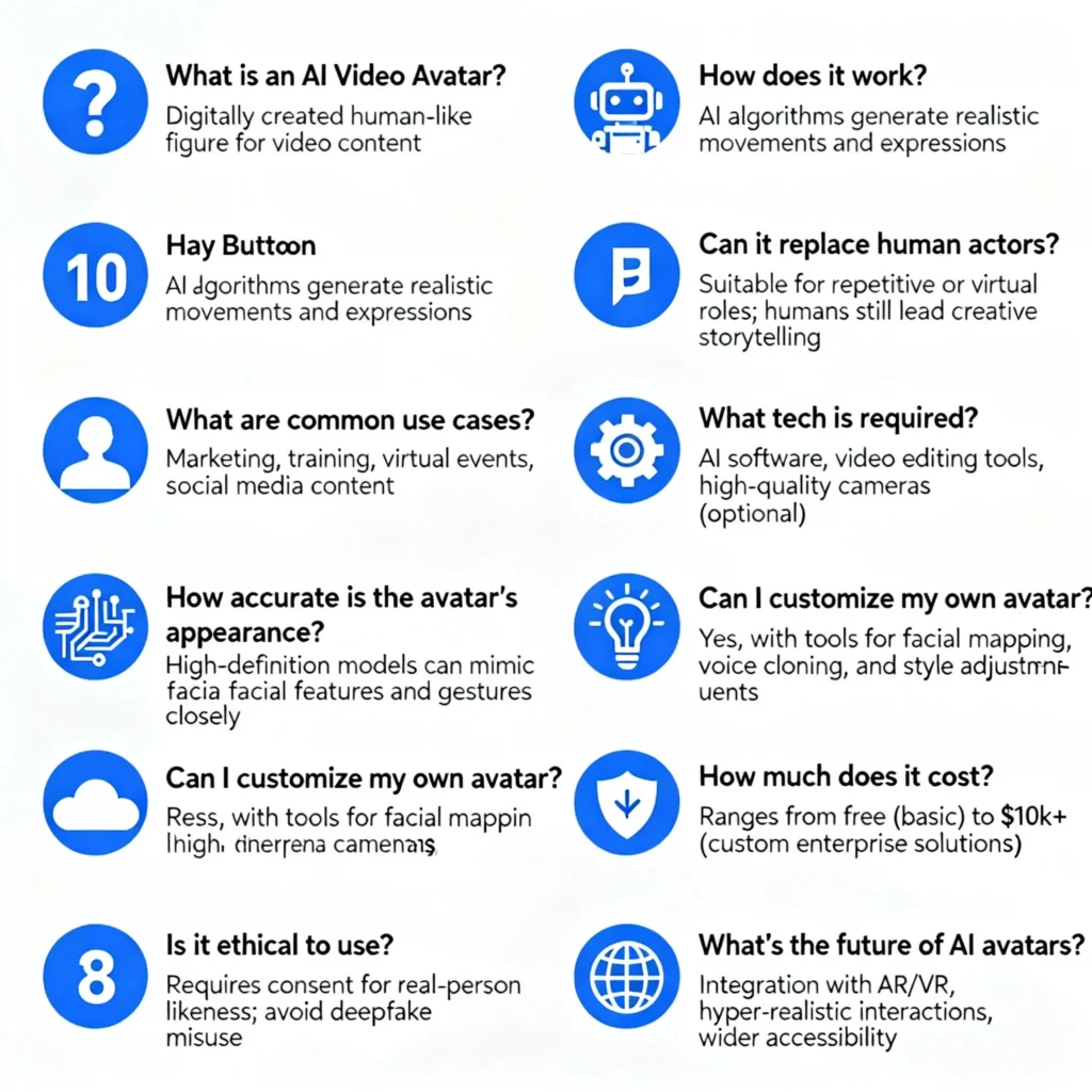  Infographic listing the Top 10 frequently asked questions about AI Video Avatars, including who can create avatars, monetization, technical skill requirements, language support, and usage in commercial ads.﻿