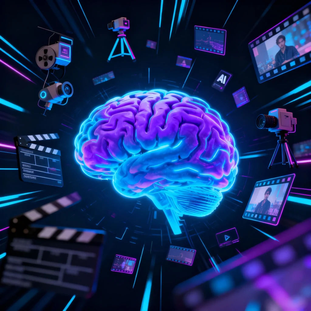OpenAI Sora 2025 – Complete Beginner to Pro Guide Futuristic cinematic scene with AI brain and advanced video editing tools symbolizing the AI revolution in video creation