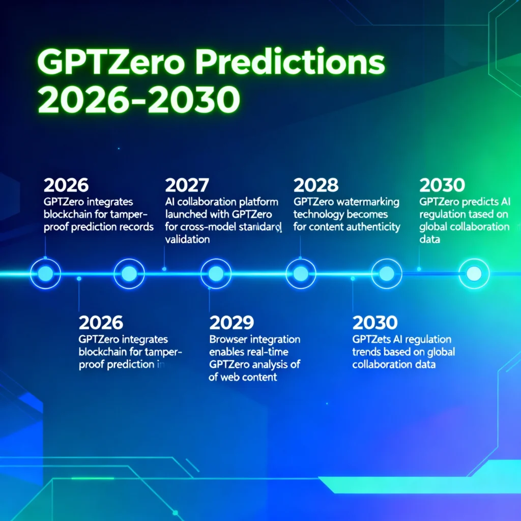 Timeline illustration showing future GPTZero features and predictions for 2026 to 2030 with blockchain, AI collaboration, and integration highlights