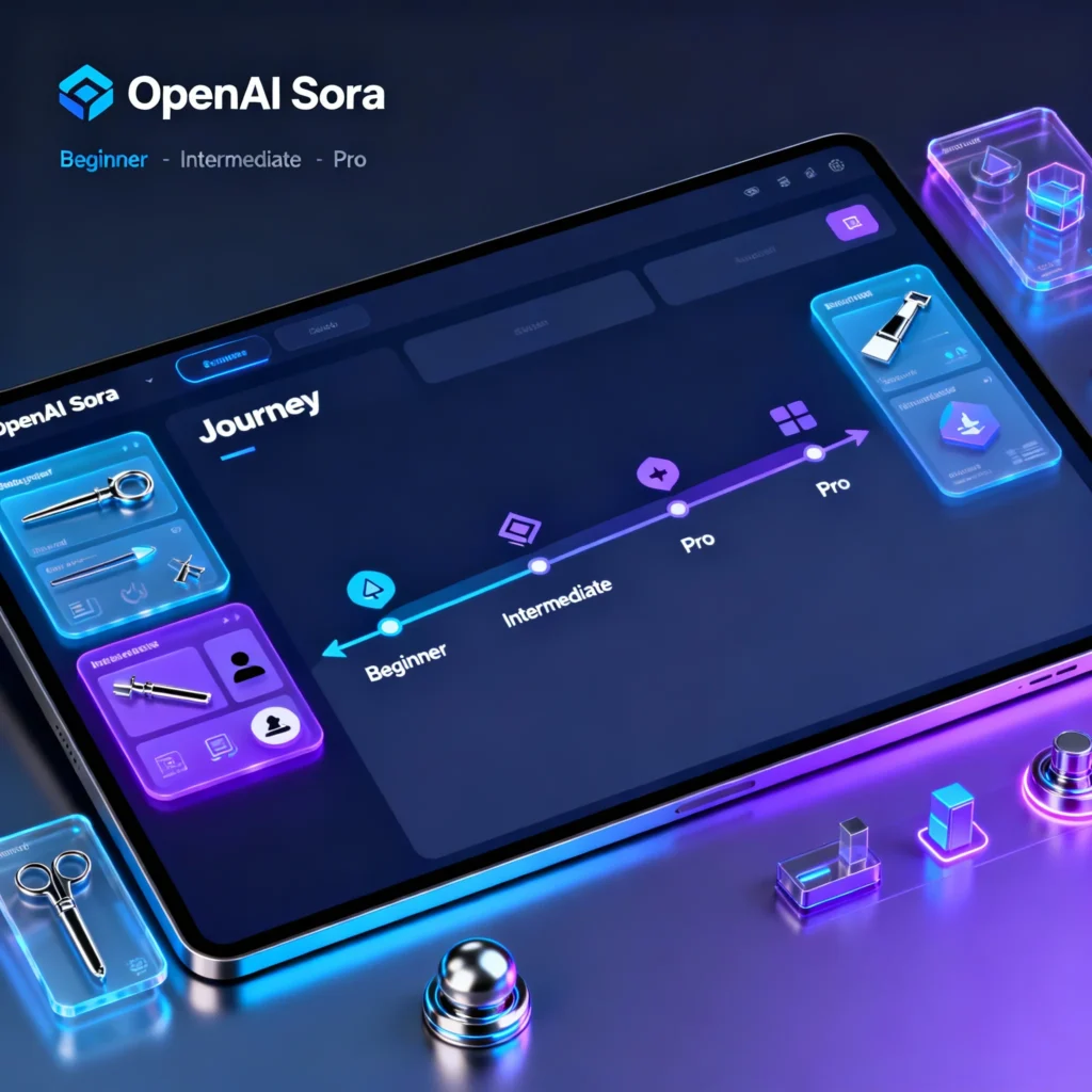 OpenAI Sora 2025 – Complete Beginner to Pro Guide Futuristic workspace with OpenAI Sora 2025 interface symbolizing beginner to pro AI video creator journey
