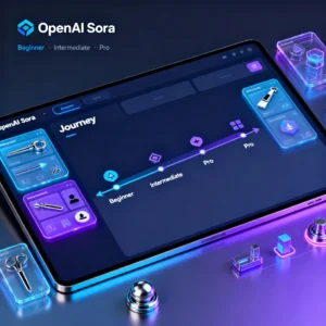 Futuristic workspace with OpenAI Sora 2025 interface symbolizing beginner to pro AI video creator journey