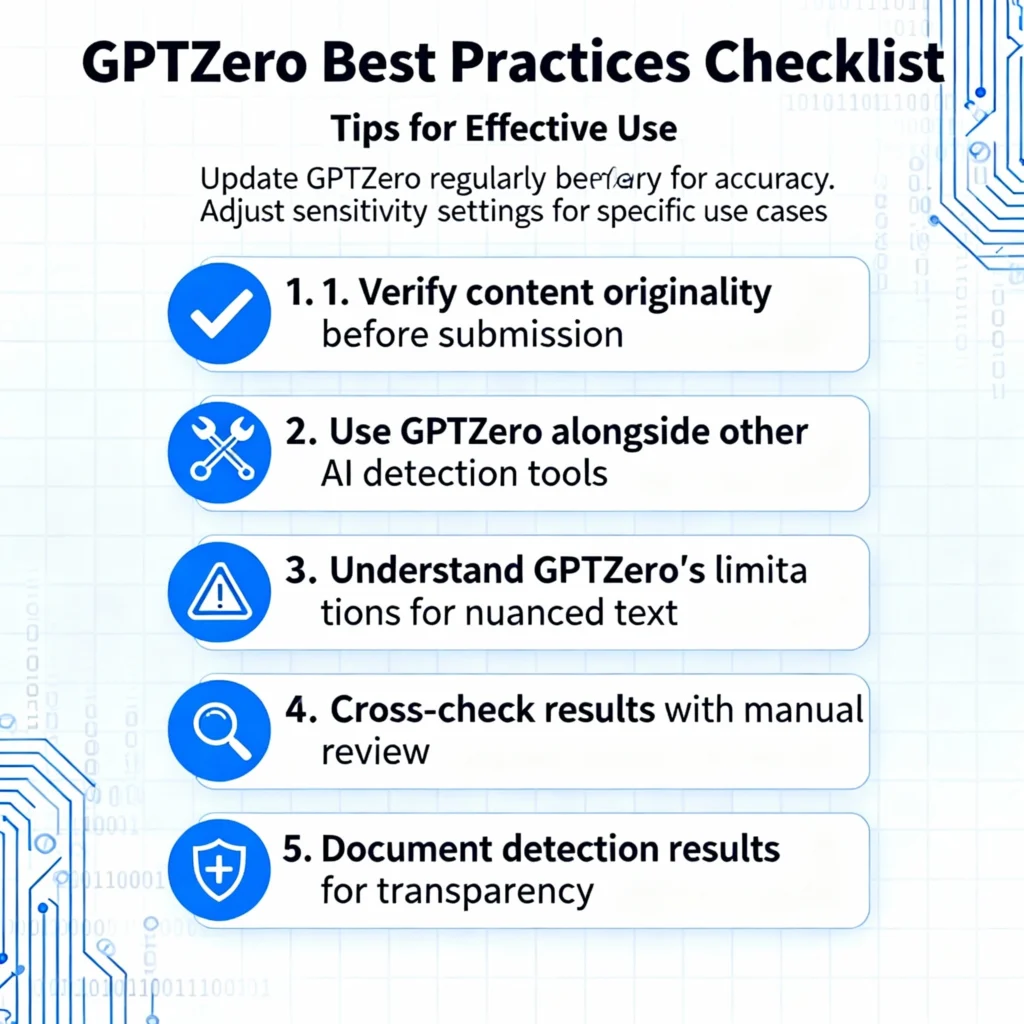 Checklist-style infographic illustrating best practices and tips for the effective use of GPTZero AI detection tool 