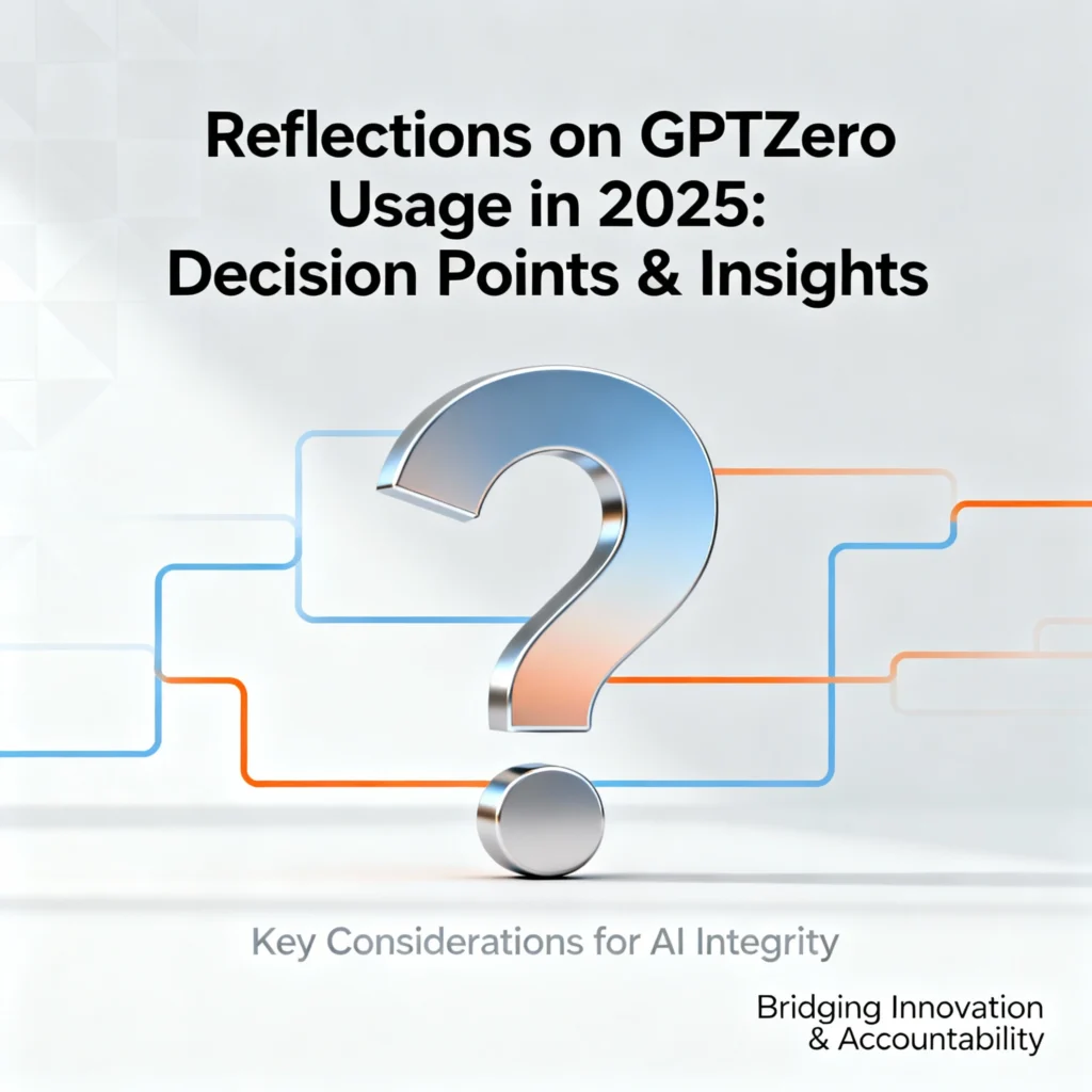 Illustration showing question marks and a thoughtful decision-making theme about using GPTZero in 2025 
