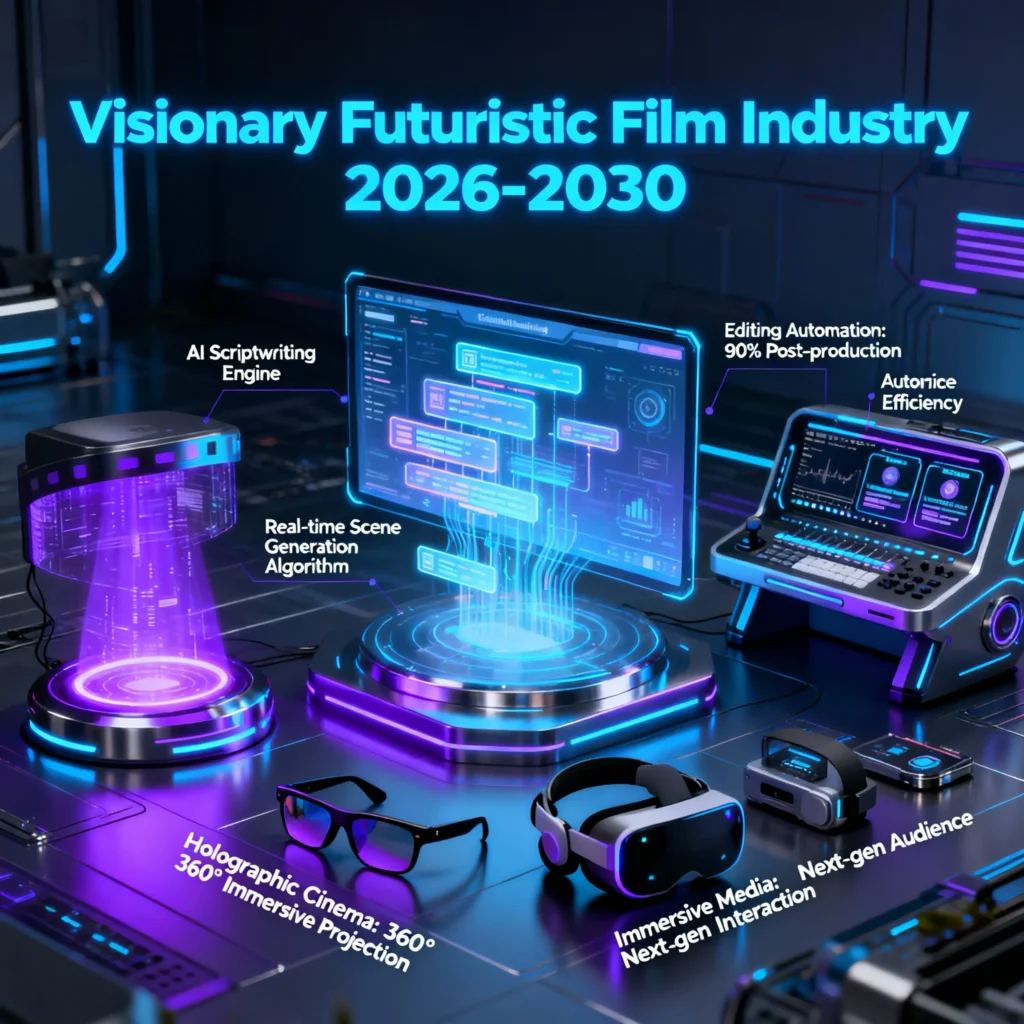 OpenAI Sora 2025 – Complete Beginner to Pro Guide Futuristic cinematic scene with holographic and AI-driven filmmaking technology representing predictions for 2026 to 2030