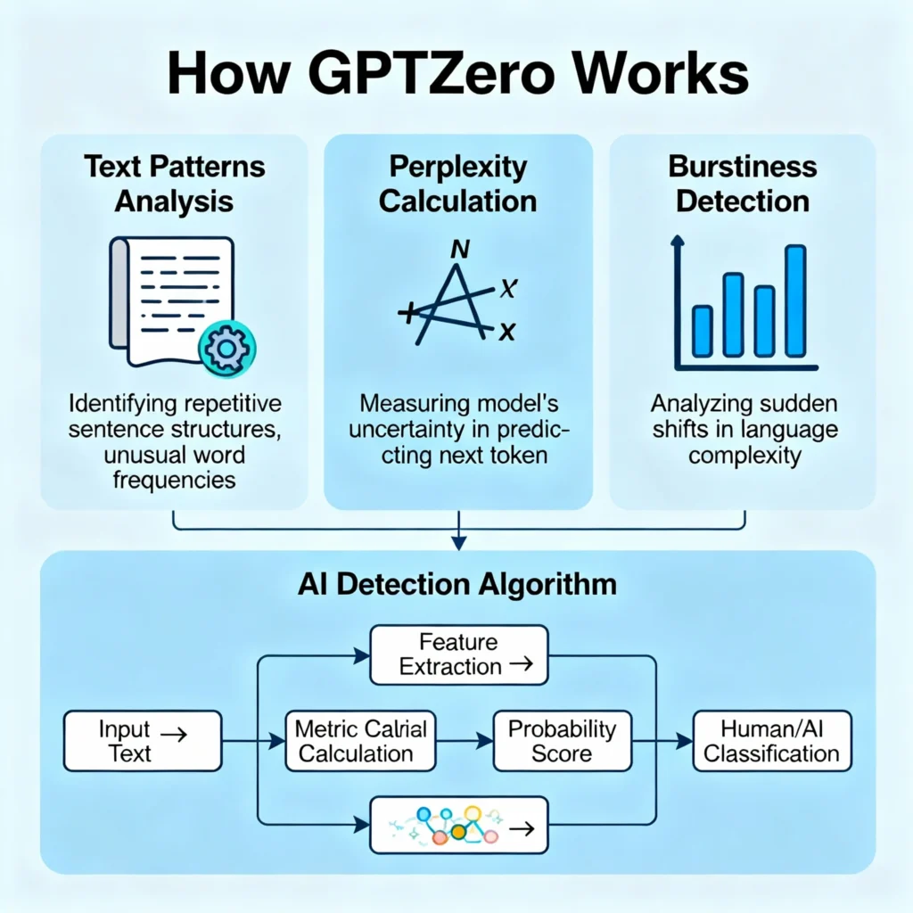Diagram showing GPTZero analyzing text with AI detection algorithms and text pattern metrics
