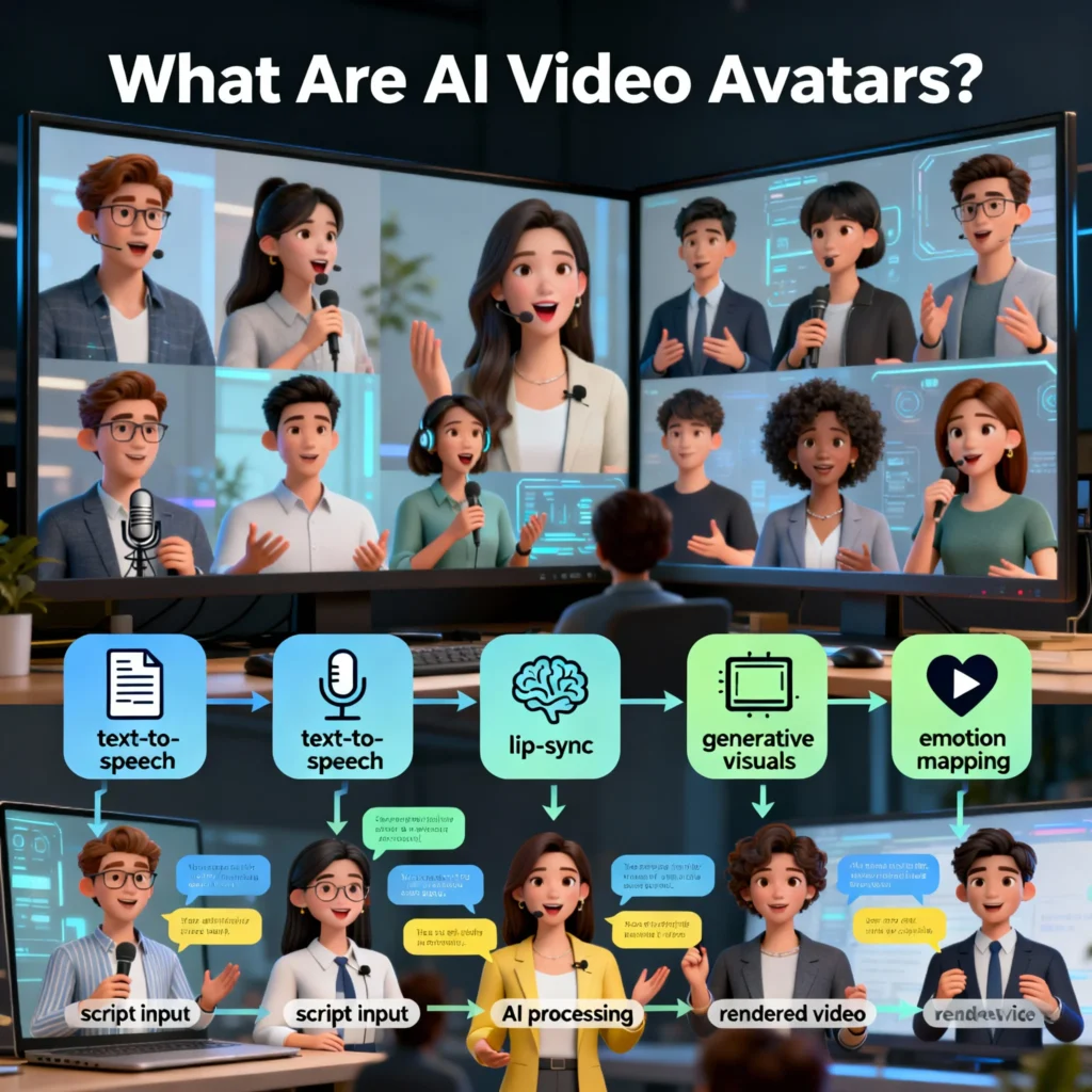 A diverse group of lifelike AI video avatars on digital screens, demonstrating speech, gestures, and expressions. Visual icons highlight core AI components such as text-to-speech, lip-syncing, generative video modeling, and emotion mapping, illustrating the process from script input to final video output.﻿