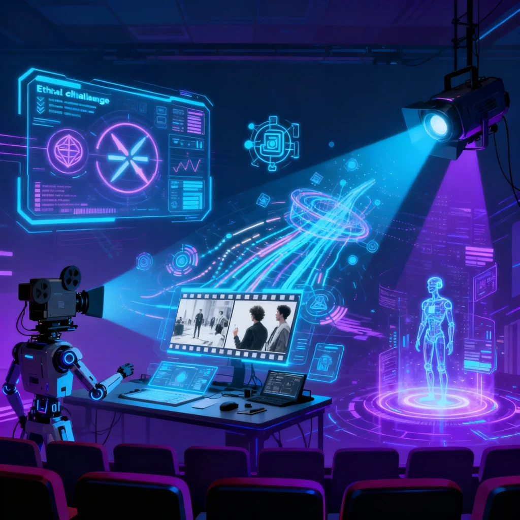 OpenAI Sora 2025 – Complete Beginner to Pro Guide Futuristic film set showing ethical symbols and AI technology representing the future of AI filmmaking with OpenAI Sora